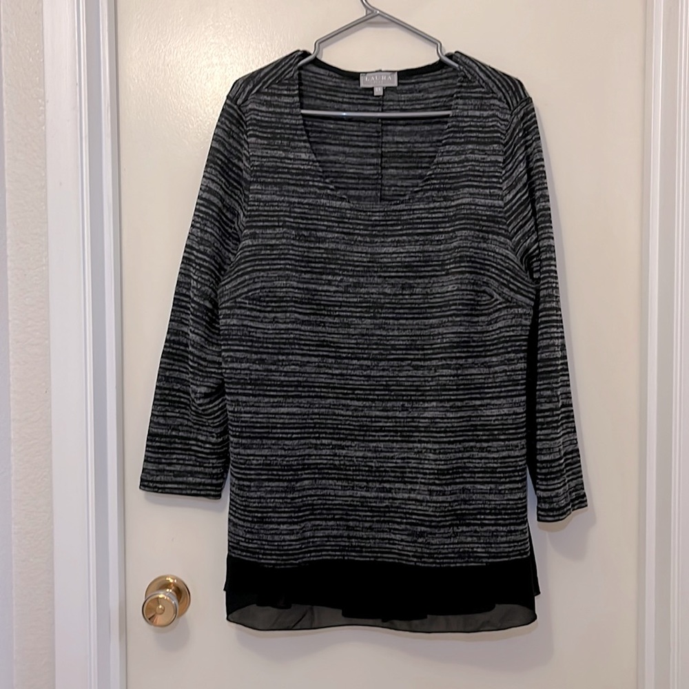 Laura long sleeve horizontal striped knit tunic with chiffon detailing 2X